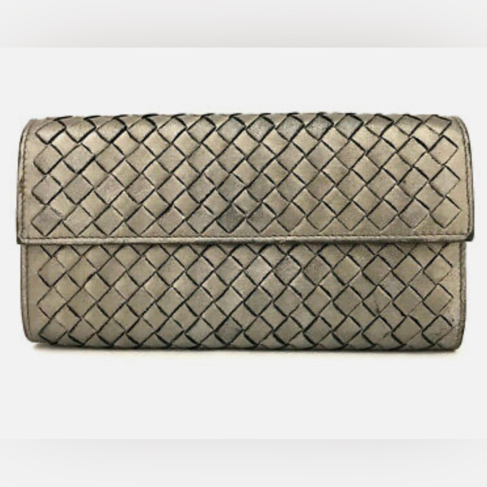 Bottega Veneta Intrecciato Lambskin Long Bifold Metallic Bronze Wallet - AUTH